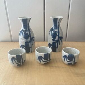 Blue Bamboo Sake Set 5 Piece Merae Gift Bundle Blue Gray White Speckled